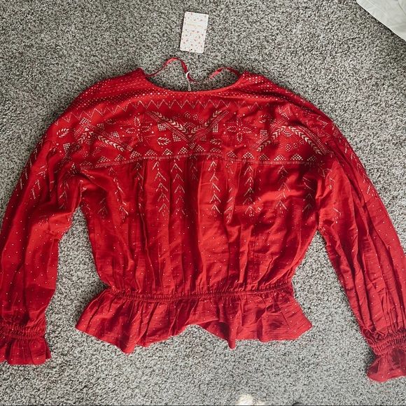 FREE PEOPLE Metallic Bell Sleeves Blouse Caliente Red - Picture 2 of 8